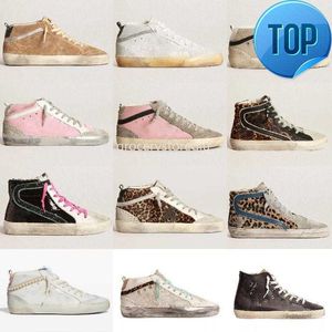 Goldenss Kazık Yeni Tasarımcı Ayakkabı Tasarımcısı İtalya Sneaker Mid Star Kadın Ayakkabı Leopar Baskı Pembe -Gold Glitter Classic White Do -old Dirty