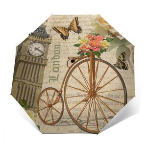 Umbrellas Automatic Umbrella Retro Postcard London With Big Ben Roses And Bicycle Three-fold Women Men Rain