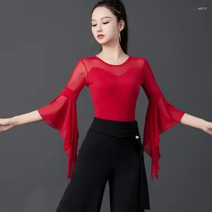 Stage Wear Ballroom Dance Performance Clothing Red Flare Sleeve Tango Costume Waltz Dancewear Adult Women Practice YS5189