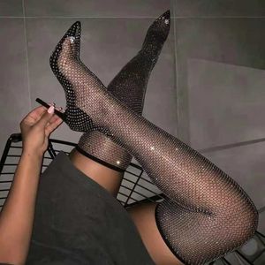 Klänningsskor kristaller studs sock knä höga stövlar pekade tå stilett klackar pumpar skär ut ankel botas casual party skor231228