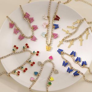 Pendant Necklaces Bohemian Fashion Cherry & Pendants For Women Butterfly Crystal Heart Cross Golden Multi-layer Chain Jewelry