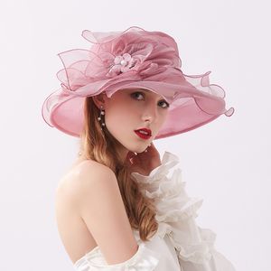 Designer Flower Beach Bucket Hats Ladies Kleid Hochzeit Organza Hut Damen Kentucky Derby Kopfbedeckung Weitgeschwindiger Eimer Mütze Hochzeit Stirnband