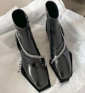2023 Boots Designer oft leather square toe thick heel short women's chain Martin boots trendy and fashionable single elastic and thin boots