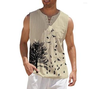 Canotte da uomo Canotte in lino di cotone da uomo Estate Uomo Stampa artistica retrò T-shirt senza maniche alla moda Camicetta con scollo a V con lacci Camicia casual