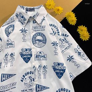 Women's Blouses 2023 Summer Hawaiian Fun Beach Shirts Vintage Badge Graffiti Button Up Shirt Loose Casual Womens Tops Green White Korean