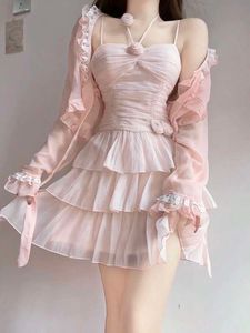 Duas peças definidas rosa sexy y k estético vestido de baile vestido camisole mulher japonesa gornagem doce moda de manga longa cardigãs