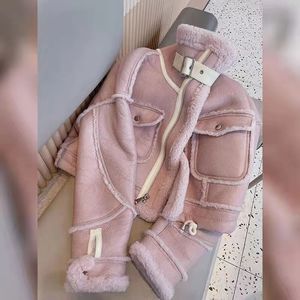 Mulheres jaquetas streetwear jaqueta de pele falsa mulheres cortadas camurça couro cordeiro lã casaco doce coreano motocicleta gola velo curto outwear 231123