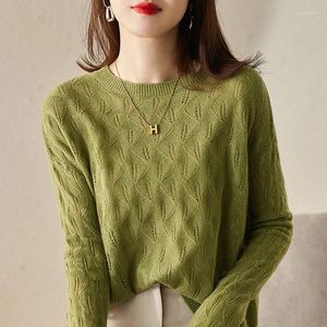 Damenpullover Kleidung 2023 Herbst und Winter O-Ausschnitt Pullover mit Blattwelle ausgehöhlter Pullover aus reiner Wolle Bewertung Top