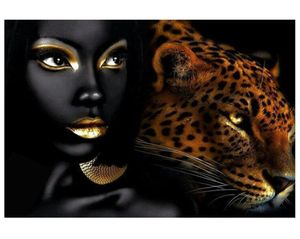 Leopardo e mulheres africanas lábios sexy lona pintura a óleo abstrato animal poster imprime imagens de arte de parede para sala livling moderna ho5227144