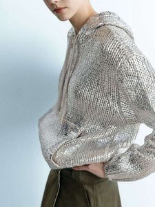 Fashion Metallic Rib Trine Foil Foil Sweter z kapturem Kobiety długi rękaw z kieszenią pullover jesienna elegancka bluza żeńska