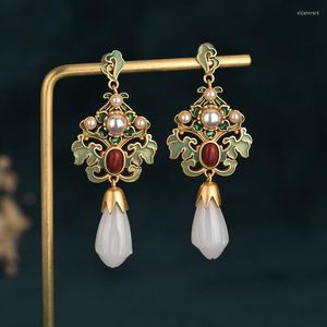 Stud Earrings Trendy Gold Color Drop Enamel Flower 2023 Fashion Hanging Women Chinese Style Jewelry Girls Party Gift