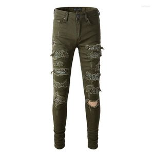 Men's Jeans Fashion Streetwear Army Green Distressed Slim Fit Bikers Skinny Stretch Tie Dye Bandana Ribs Patch Cargo Ripped