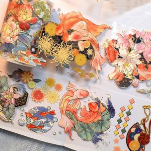 Present Wrap 2M/Roll Gold Carp Lotus Flower Pet Tape Vintage Dekorativ maskering DIY Sticker Scrapbooking Journal Planner Supplies