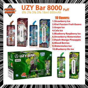 Original UZY Bar 8000 Puff Einweg-Vape-Stift, 0 % 2 % 3 % 5 % Stärke, Netzspule, 18 ml Pod Puffs, 8K E-Zigaretten, 600 mAh Akku, wiederaufladbar