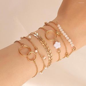 Charm Bracelets Simple Geometric Circle Bracelet Set Ins Flower Tassel Leaf Jewelry 6-Piece Women's Alloy Gift Temperament