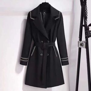 Women's Trench Coats Autumn and Winter New Skin Covering and Slim Appearance Quality Coat Black Windbreaker Mid Length Outerwear 2x