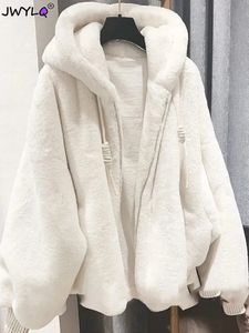 Womens Fur Faux White imitation wool coat winter warm fur Casual Sobretudos hooded artificial rabbit plush jacket 231122