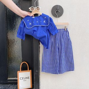 Kleidungssets Mädchen im koreanischen Stil, kurzärmliges Oberteil und karierte Hose mit weitem Bein, zweiteiliges Set, Kinderboutique, Großhandel, Babykleidung