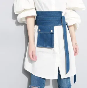 Belts Women's Runway Fashion Pocket Blue Denim Cummerbunds Female Dress Corsets Waistband Decoration Wide Belt R2555