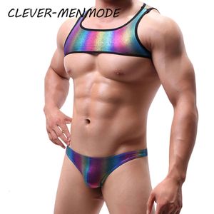 2pcs Men's Sexy Half Tank Top with Thong Set Shiny Rainbow Exotic Lingerie PU Faux Leather Fetish Costume Stage Club Nightwear