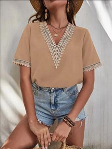 Frauenblusen Bluse Casual Tops 2023 Sommer Druck hohl Spitze V-Ausschnitt weibliches Kurzarm Shirt S-XXXL