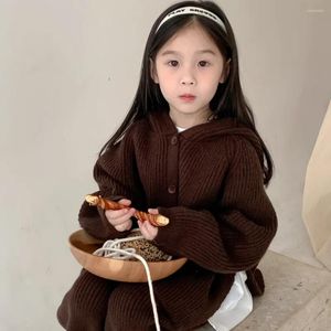 Kläderuppsättningar 2023 Korean Winter Kid Girl 2st kläder Set Cotton Sticked Hooded Cardigan tröja Solid Pant Infant Baby Baby Suit