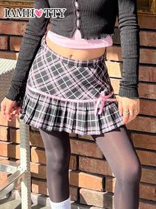 Röcke IAMHOTTY Y2K Preppy Style Plaid Ribbons Bow A-Linie Plissee Minirock Dark Academia High Waist Short Skirts Cute Aesthetic 2023 P230422