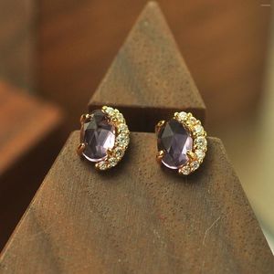 Stud Earrings Natural Amethyst Earring For Women 18K Gold Plated 925 Sterling Silver Zircon Ear Jewelry Wholesale