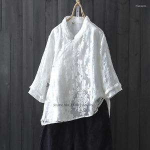 エスニック服2023伝統的な女性レトロブラウスチャイニーズシフォンQIPAOシャツフラワー刺繍タンスーツオリエンタルチョンサム