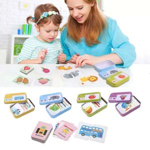 Nieuwe Nieuwe Baby Kids Cognitie Puzzels Speelgoed Peuter Ijzeren Doos Kaarten Matching Game Cognitieve Kaarten Voertuig Fruit Dierenleven Sets Puzzels