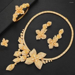 Halsbandörhängen Set Godki Big Luxury 4st Flowers African Jewelry for Women Wedding Party Cubic Zircon Dubai Bridal 2023