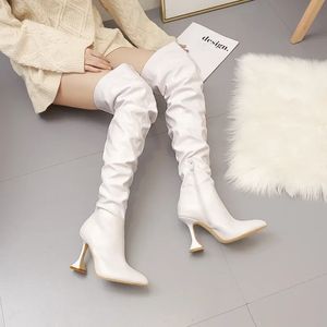 Boots 2024 Winter Leather Boots Women Stiletto Pointed Toe White Heeled Knee Boots Wine Glass Heel Side zipper Thigh Gigh Booties 231122