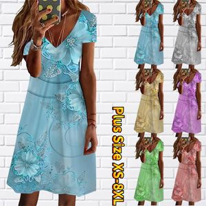 Freizeitkleider 2023 Zeichnungsdesign Slim Fit Damenkleid V-Ausschnitt Kurzarm Sommer Elegant 3D-Druck Malerei Knielang