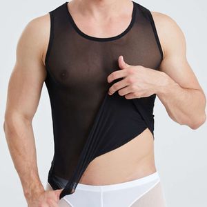 Colete de malha sexy masculino ver através de tanque transparente respirável seda gelo macio sem mangas ginásio esportes camisetas pijamas