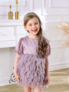 Crianças em camadas rendas tule tutu vestidos de baile meninas gola quadrada manga puff vestido de princesa crianças aniversário piano desempenho roupas z5555