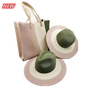 Breda breim hattar hink tre bitar hattpåse högklassig strandhatt med sommaren mest fashionabla kostym solstrå för män och kvinnor 231123