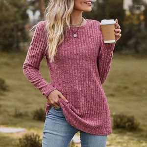 Kvinnors T-skjortor 2023 Spring Autumn Long Sleeve Round Neck Pullover Slim Solid Color Office Lady Striped Ity Casual T-shirts For Women