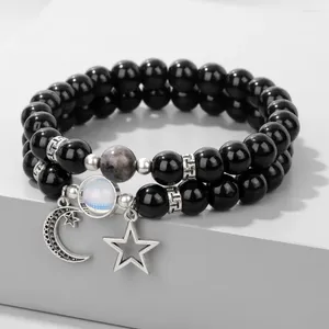 Strang 2 teile/satz Stern Mond Paare Labradorit Armband Naturstein Schwarz Onyx Opal Perlen Stretch Armbänder Für Frauen Männer Schmuck geschenk