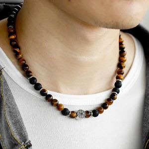 Chains 18inch Natural Tiger Eyes Stone Lava Bead Choker Necklace For Men Women Stainless Steel Beaded Charm Extension Link DNM22A