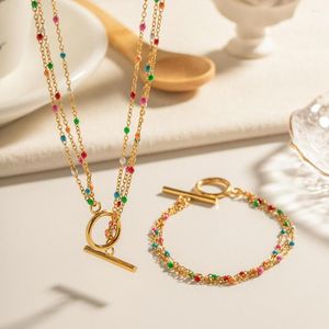 Collana Orecchini Set Bohemia Drip Oil Bracciale colorato per donna Catena a fagiolo con fibbia in acciaio inossidabile oro 18 carati OT