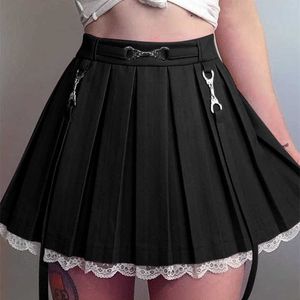 Kjolar kvinnor spets trim mini veckad kjol goth y2k harakuju ruffle hög midje kjol lolita punk stil akademi estetiska streetwear p230422