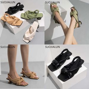 Sandalet Yeni Yaz Kadınları Sandal Ayakkabıları Moda Yay Knot Kare Toe Sıradan Slaytlar Düşük Topuklu Bayanlar Elbise Ayakkabı 230316