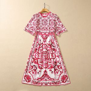 European and American women's dress 2023 summer new style Round neck Five-quarter sleeve red court print Pressed diamond dress