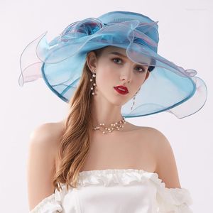Hüte mit breiter Krempe, Mode, Sommer, Strand, für Frauen, eleganter Damen-Sonnenhut, große Kenducky-Hochzeit mit großer Blume