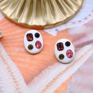 Stud Earrings Oval Enamel White Glass Stone Fashion Decoration Pretty Party Jewelry Female Banqueta