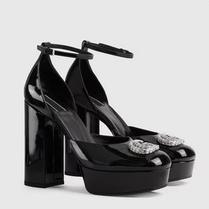 Patent Leather plataforma grossa sapatos de calcanhar tornozelo strap cristal sandals bombas de festa feminina de festa de luxo de luxo de luxo de luxo 35-42 com caixa
