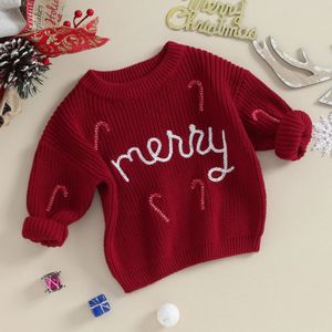 セットメリークリスマスチルドレン服の女の子の男の子編みセーター長袖キャンディケイン刺繍かぎ針編みプルオーバーキッズニットウェア231123