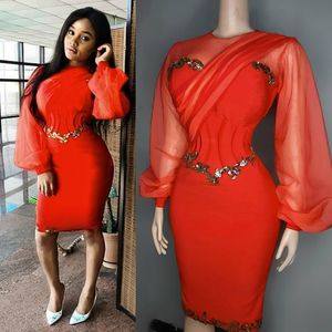 Red Gorgeous Long Sleeves Cocktail Knee- Length Dresses Formal Dress African Arabic Aso Ebi Styles Lace Apliqued Party Graducation Event Gowns Casual Outfit Evening