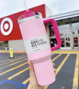 US Stock Pink Flamingo Tumbler Quencher H2.0 40 Unzen Edelstahl -Tassen Griff Deckel und Stroh 2nd Generation Car Becher Wasserflaschen 1204