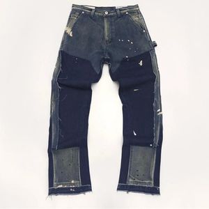 24SS Spring Summer Men's Distress Vintage Jeans Painted Double Knee Cargo Pants